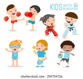 Kids And Sport, Kids Playing Various Sports On White Background , Cartoon Kids Sports,boxing, Football, Tennis, Taekwondo, Karate,  Swimming,Vector Illustration