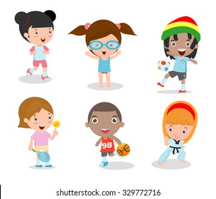 kids and sport, Kids playing various sports on white background , Cartoon kids sports,running, football, tennis, Taekwondo, karate, Swimming,Vector illustration