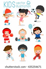 Kids And Sport, Kids Playing Various Sports, Cartoon Child Sports,boxing, Football, Taekwondo, Karate, Swimming, Judo,Baseball,Weight-lifting,Gymnastics, Badminton, Kids,children,sport