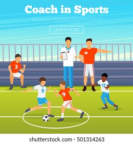 Kids sport poster with children playing in football and coaches training them vector illustration