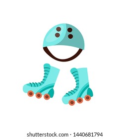 Kids sport roller and skate equipment - save skate helmet and rollers, blue colors, isolated on white, cartoon style