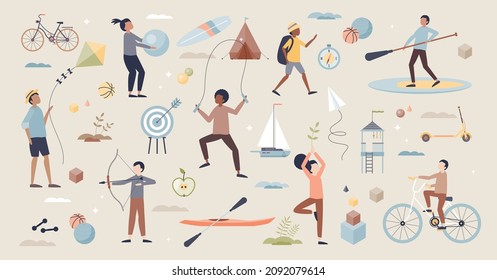 Kids sport set with children training activities tiny person collection set. Elements with childhood exercises for health, strength and wellness vector illustration. Various child action mini scenes.