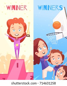 Kids sport vertical banners with team game and awards ceremony of winner on pedestal flat compositions vector illustration