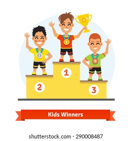 Kids Sport Winners Standing On Podium With Medals And Gold Shining Cup. Colorful Vector Illustration.