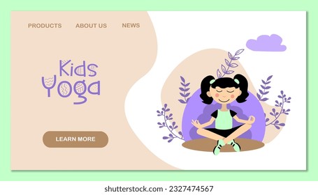  Kids sport and yoga training vector landing page template. Illustration of fitness kid yoga, meditation and balance in cartoon style. Vector illustration