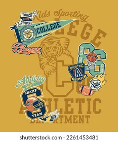 Kids sporting college athletic department vintage vector print for boy t shirt with embroidery applique patches collection grunge effect in separate layers