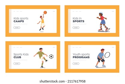 Kindersport Aktivitäten Landing Page Template Set. Kinder Mädchen und Jungen Charaktere Basketball, Ballett, Tennis und Fußball mit Rollschuh- und Volleyballspielen. Vektorgrafik von Cartoon People