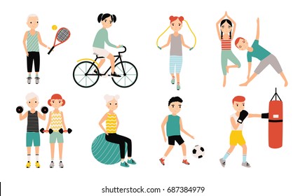 Kids sports activity collection. Exercising children set. Weightlifting, boxing, jumping rope, tennis, football, yoga, cycling training. Colorful vector illustration.