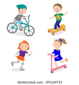 Kids Sports. Boy on Bicycle, Skateboard. Girl with Rollers, Scooter. Happy Children. Vector illustration
