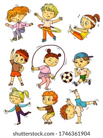 Kids sports. Children working out, doing sports activity set. Happy kids people training, exercising, doing gymnastics, squats, skipping, playing soccer, dancing childhood lifestyle collection