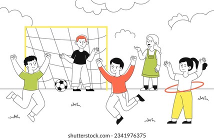 Kids in sports summer camp line. Boys and girls play football. Schoolchildren relaxing outdoors, having fun together. Active lifestyle and rest, training. Linear flat vector illustration