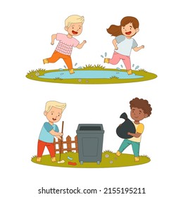 Kids spring activities set. Cute children in rubber boots jumping in puddles and cleaning up city park cartoon vector illustration