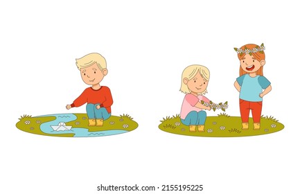 Kids spring activities set. Cute children playing with paper boats and twisting flower wreath cartoon vector illustration