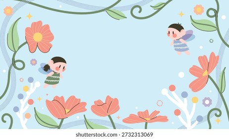 Kids spring flower frame vector background with cute children, vines and blooming flowers. Cheerful illustration design for posters, invitations and wall art.