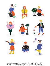 Kids Spring or Summer Outdoor Activities set, Happy hildhood, Children Enjoying Nature, Planting Seedlings, Playing Vector Illustration