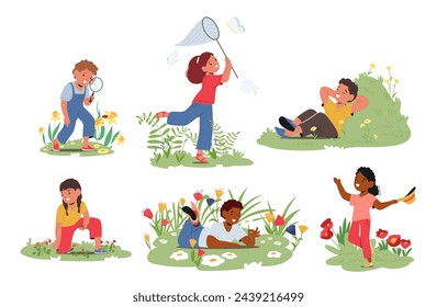 Conjunto de actividades para niños en primavera. Niños recogiendo bayas silvestres, atrapar mariposas, paseos por la naturaleza, aprender bichos en el prado, relajarse en campos con flores y hierba verde. Ilustración vectorial de dibujos animados