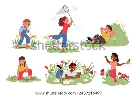 Kids Springtime Activities Set. Children Picking Wild Berries, Catching Butterflies, Nature Walks, Learning Bugs on Meadow, Relax on Filed with Flowers and Green Grass. Cartoon Vector Illustration