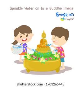 Kids Sprinkle Water on to a Buddha Image Vector
