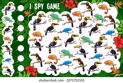 Kids I spy game, cartoon toucan and chameleons, vector find and match board game. Kids tabletop puzzle or I spy game with tropical birds and chameleon lizard in jungle palms and flowers