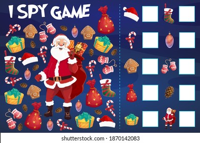 Niños espía el juego con objetos navideños contando. Caracter de Santa Claus, medias de Navidad y cono de abeto, galletas de pan de jengibre, adornos de cajas de bauble y regalos, caña de caramelo, vector de dibujos animados mittens