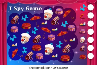 Kids I Spy Game With Circus Items And Clowns, Vector Cartoon Find And Match Riddle. Kids Tabletop Puzzle Or I Spy Game With Shapito Funfair Carnival Clowns Boots, Dog Balloon And Cannonball