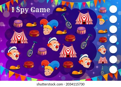 Kids spy game with shapito circus characters and items. Vector education puzzle, counting riddle or attention test template with cartoon circus top tents, chapiteau clowns, unicycle and pedestal