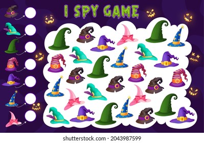 Kids spy game wizard and witch hats kids riddle. Vector maze, cartoon boardgame with Halloween magician caps. Worksheet for children educational activity with fairytale headwear and pumpkin lanterns