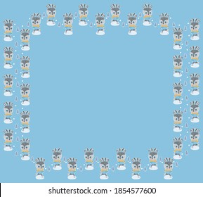 Kid's square frame. Border of cute little cartoon deer characters in clothes skating on ice, and Christmas trees with white outlines on a blue background. Childish graphic design. Copy space. Vector.