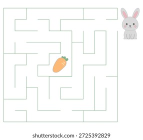 Kinder Platz Labyrinth Puzzle, wo ein süßer Hase muss die Karotte in der Mitte zu erreichen. Einfaches schwarzes Linien-Labyrinth auf weißem Hintergrund, druckbares Arbeitsblatt, einfaches Lernspiel für Vorschule und frühes Lernen