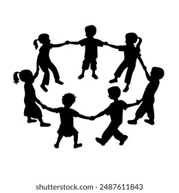 Kids stand in circle, little kid holding hand and make circle formation together silhouette