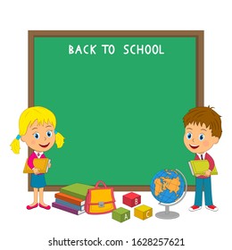 kids stand and hold books with a blackboard background, vector illustration.