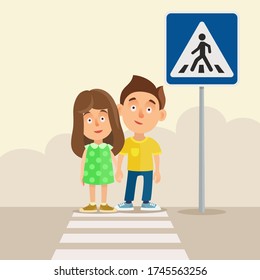 Kids stand on the sidewalk near the sign - pedestrian crossing. The boy holds the girl’s hand,  сhildren want to cross the road. Vector illustration, flat design, cartoon style.