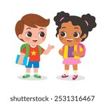 kids standing in the classroom and talking to each other.  Cute kids communicating with each other.  Happy kid meet and make friends at school.