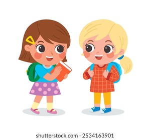 Kinder, die im Klassenzimmer stehen und miteinander reden.  Nette Kinder kommunizieren miteinander.  Glückliches Kind trifft sich und schließt Freundschaften in der Schule.