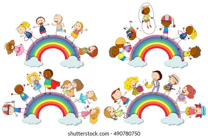 Kids standing on rainbow illustration