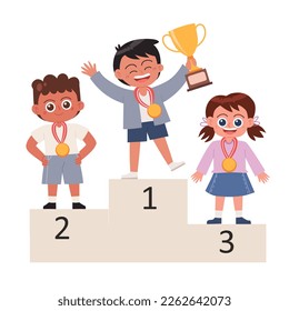 kids standing on winner podium cartoon vector