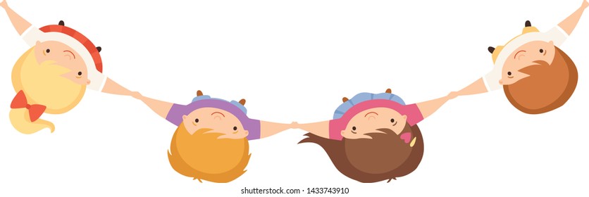 Kids Standing Together Holding Hands, Cute Little Boys and Girls, View from Above Cartoon Vector Illustration