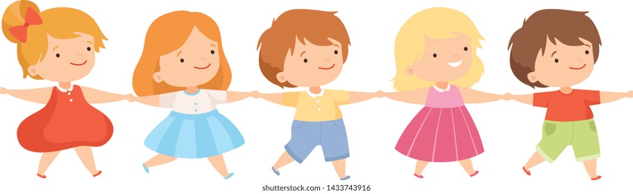 Kids Standing Together Holding Hands, Cute Little Boys and Girls Cartoon Vector Illustration