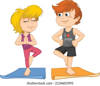 Kids standing tree pose Vrikshasana.Vector illustration of a cartoon boy and girl standing in tree pose Vrikshasana. 
Girl holding hands in Namaste.