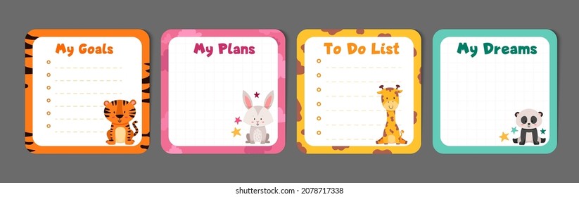 Kids stationery animals set with memo planners, to-do lists with cute illustrations, template for planners, day agenda, checklists. Vector flat illustration with colorful design