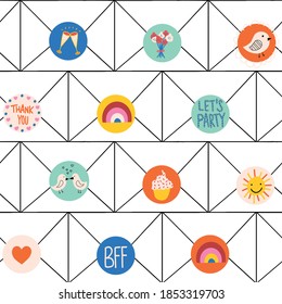 Kids stationery seamless vector background. Children letter envelopes with cute stickers background. Use for stationery, fabric, wrapping paper.