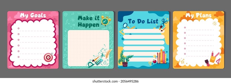 Kids Stationery Set With Memo Planners, To-do Lists With Cute Illustrations, Template For Planners, Day Agenda, Checklists. Vector Flat Illustration With Colorful Design