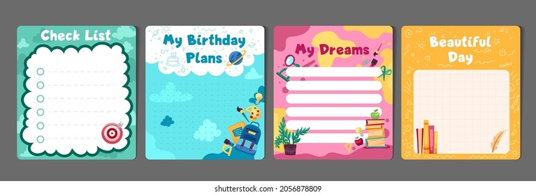 Kids stationery set with memo planners, to-do lists with cute illustrations, template for planners, day agenda, checklists. Vector flat illustration with colorful design