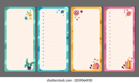 Kids stationery set with memo planners, to-do lists with cute illustrations, template for planners, day agenda, checklists. Vector flat illustration with colorful design