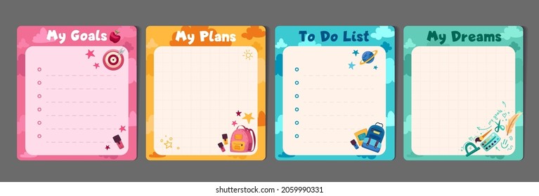 Kids stationery set with memo planners, to-do lists with cute illustrations, template for planners, day agenda, checklists. Vector flat illustration with colorful design