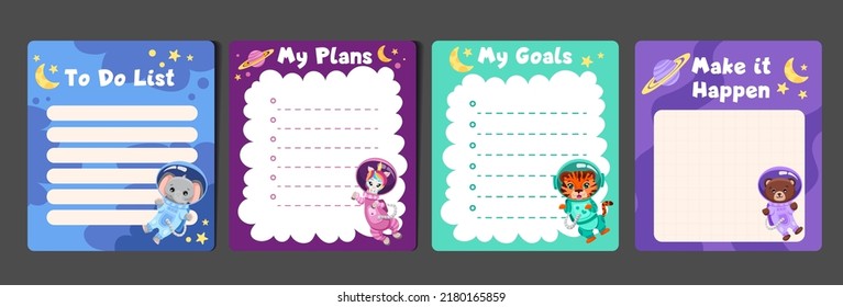 Kids stationery set with memo planners, to-do lists with cute astronaut animals in space suits, template for planning, day agenda, checklists. Vector flat illustration with colorful design