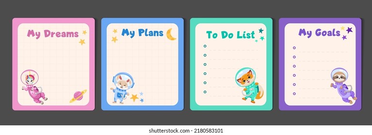 Kids stationery set with memo planners, to-do lists with cute astronaut animals in space suits, template for planning, day agenda, checklists. Vector flat illustration with colorful design