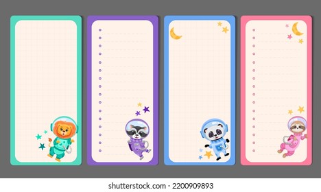 Kids stationery set with memo planners, to-do lists with cute space animal astronauts. Template for planning, day agenda, checklists. Vector cartoon illustration with planets and stars