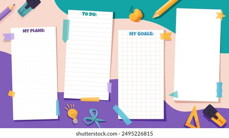 Kids stationery set with memo planners, to-do lists with cute doodle school illustrations. Template for planning, day agenda, checklists. Vector cartoon illustration for print 