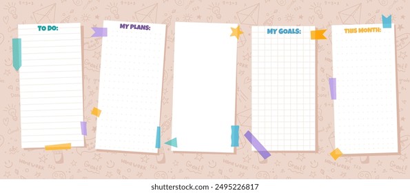 Kids stationery set with memo planners, to-do lists with cute doodle school illustrations. Template for planning, day agenda, checklists. Vector cartoon illustration for print 